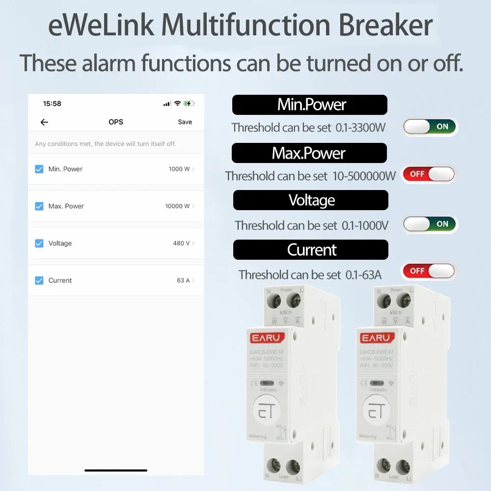 eWeLink WiFi Smart Circuit Breaker MCB 1P 63A Timer Power Energy kWh Voltage Current Meter Protector Voice Remote Control Switch by 54Grid - Renewable Energy Store