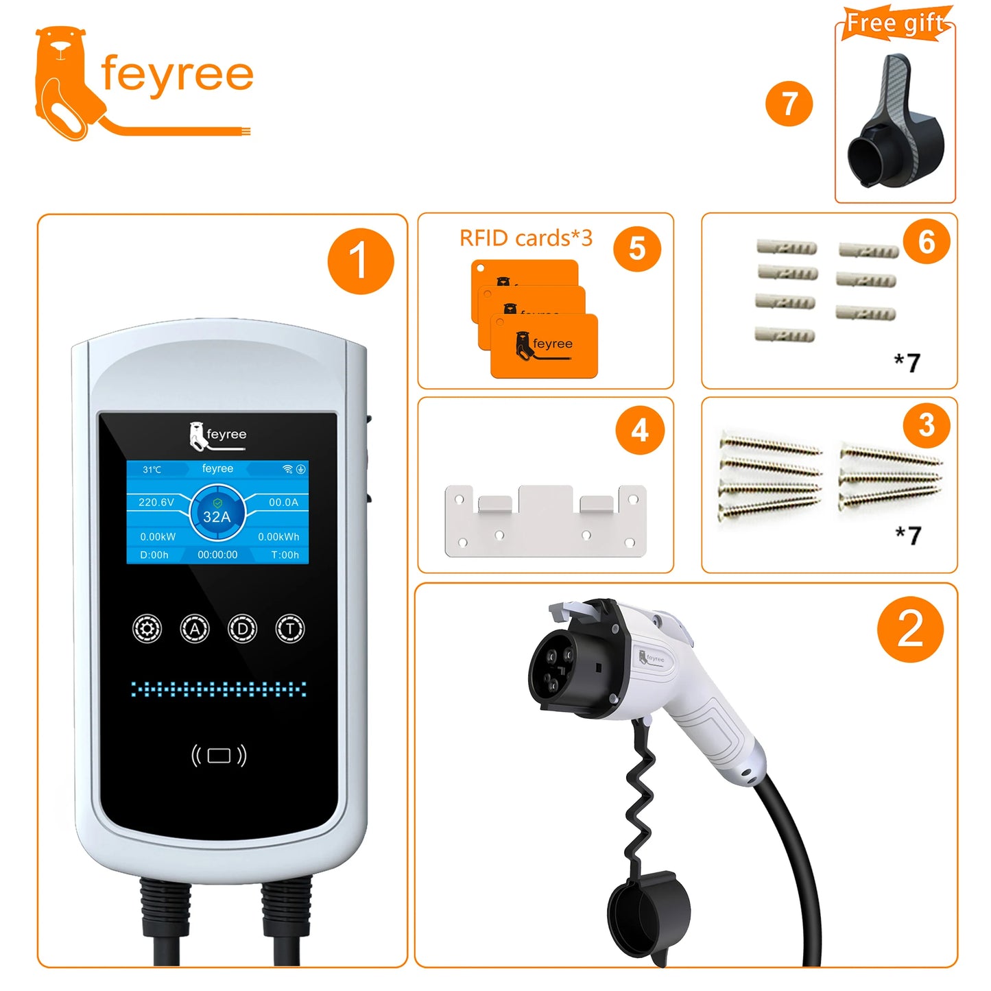 feyree EVSE Wallbox 32A 40A 50A 1Phase EV Charger Type1 Smart APP Control Wall-mounted Charging Station for Electric Vehicle Car