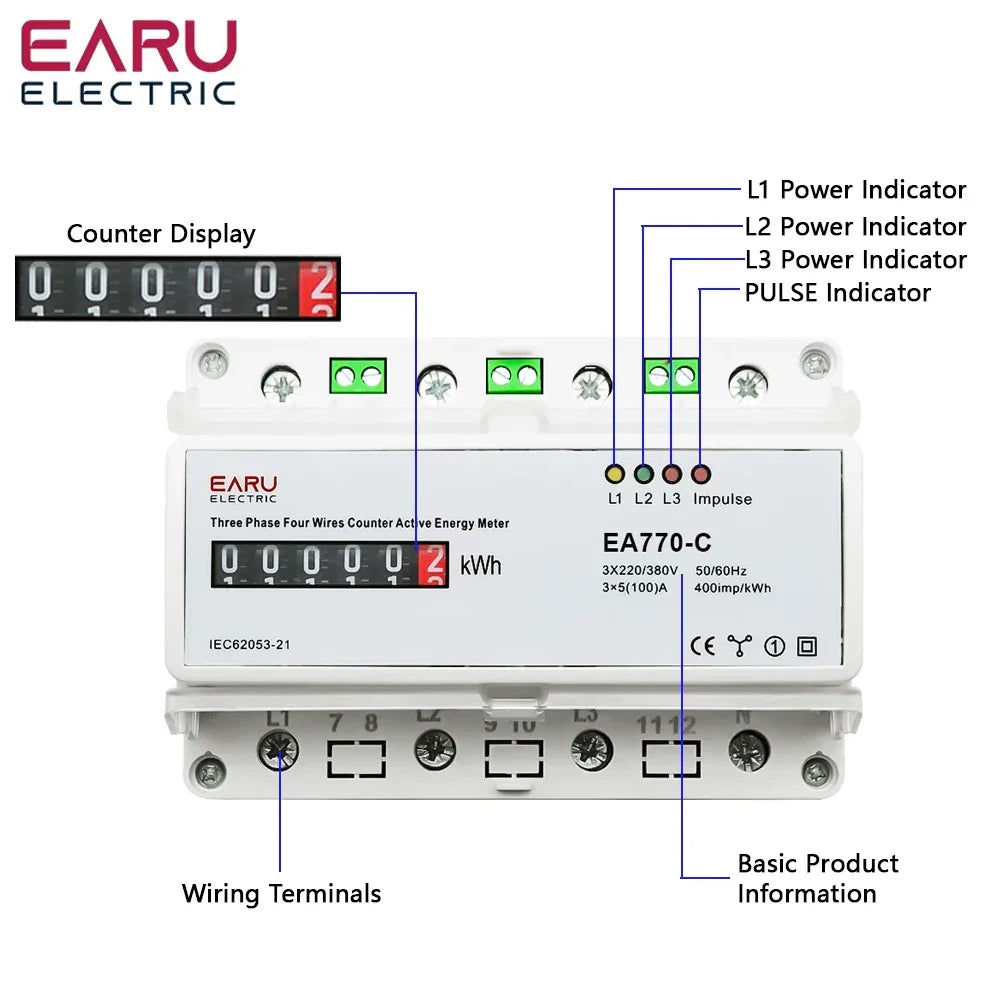 Three Phase Four Wires Eelectronic Active Energy Meter kWh Power Consumption Monitor DIN Rail 50/60Hz 3*5(100)A 50/60Hz  LCD LED