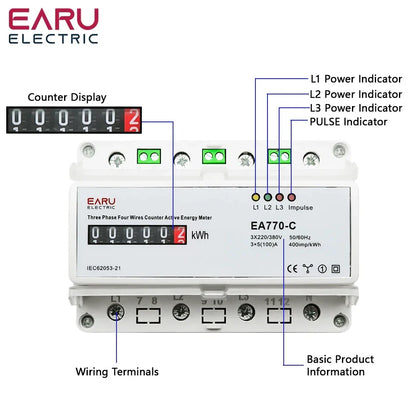 Three Phase Four Wires Eelectronic Active Energy Meter kWh Power Consumption Monitor DIN Rail 50/60Hz 3*5(100)A 50/60Hz  LCD LED