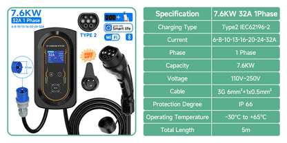 AFYEEV EV Charger 32A 7.6KW Electric Vehicle Car Charger EVSE Wallbox 11KW 22KW 3Phase Type2 Cable IEC62196-2 Socket APP Control