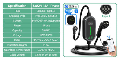 AFYEEV 3600W Portable Type2 IEC62196-2 EV Charger Type1 SAE J1772 Electric Car Charger GBT EVSE Charging Cable Wallbox EU Plug