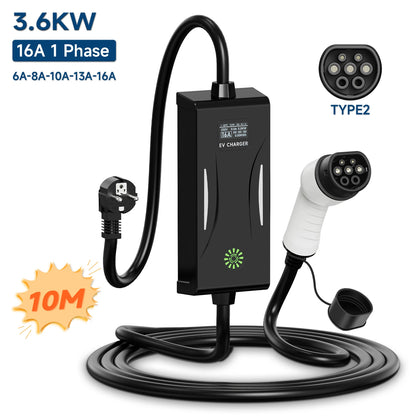 AFYEEV 3.6KW 16A Portable EV Charger Type2 IEC62196-2 EVSE Charging Cable Type1 SAE J1772 EU Plug Wallbox for Electric Car