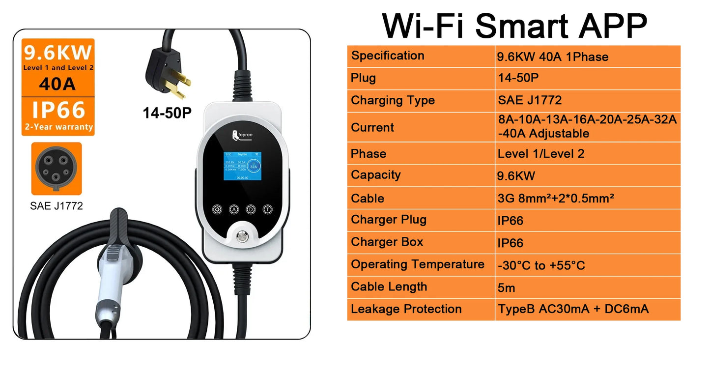 feyree EV Charger Type1 Plug 32A 40A 50A Fast Charging EVSE Wallbox for Electric Car Charging Station Adjust Current & Set Delay