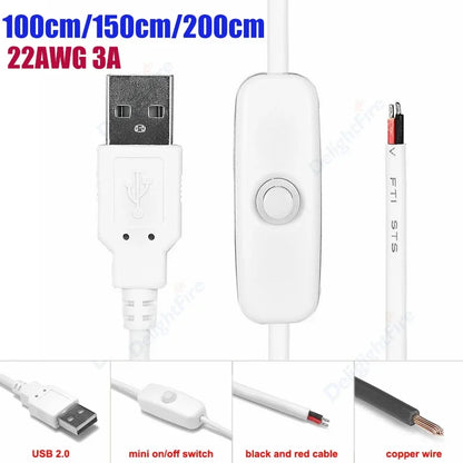 100/150/200cm USB Pigtail Cable With Switch 12V 3A Power Extension For LED Strip Light And USB Gadgets by 54Grid - Renewable Energy Store