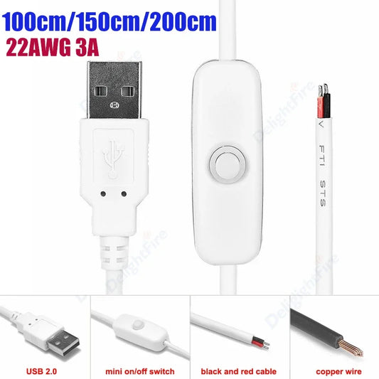 100/150/200cm USB Pigtail Cable With Switch 12V 3A Power Extension For LED Strip Light And USB Gadgets by 54Grid - Renewable Energy Store