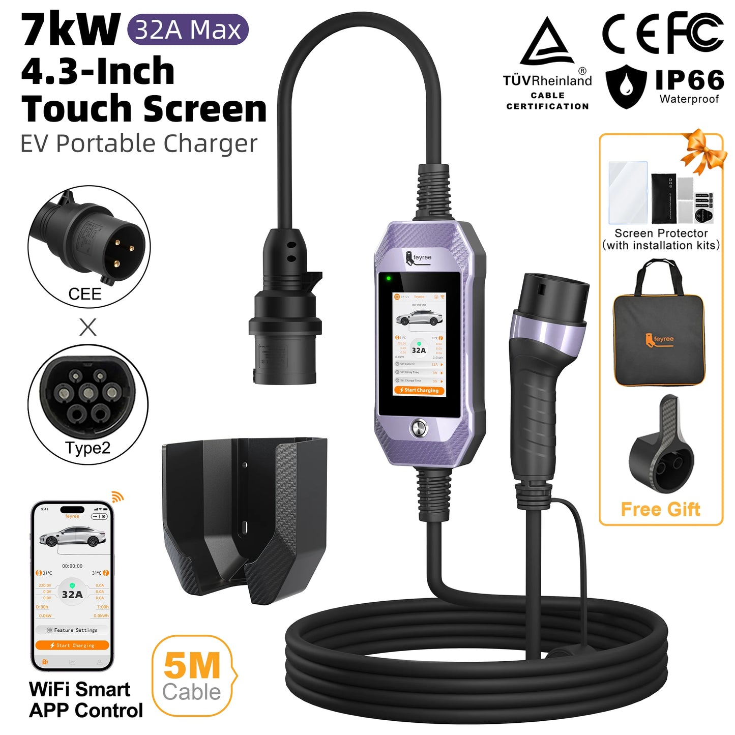 feyree Type2 /Type1 /GBT /TS-NACS 4.3inch Touch Screen EV Charger 32A 7kW 1P Portable Charger Smart APP WiFi Control for EV Cars