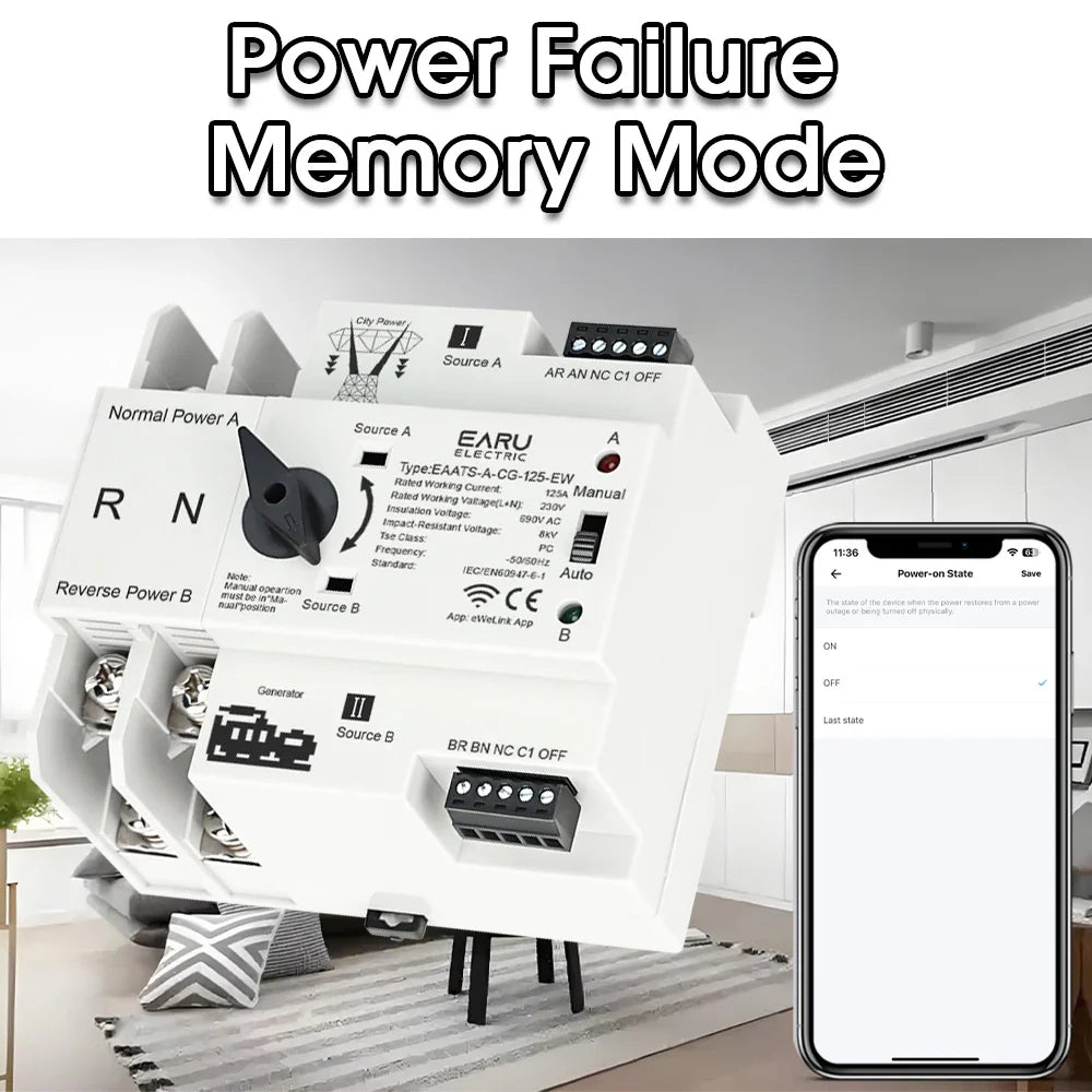eWeLink WiFi Smart Remote Control 2P 125A AC 230V ATS Dual Power Automatic Transfer Electrical Selector Switch Uninterrupted