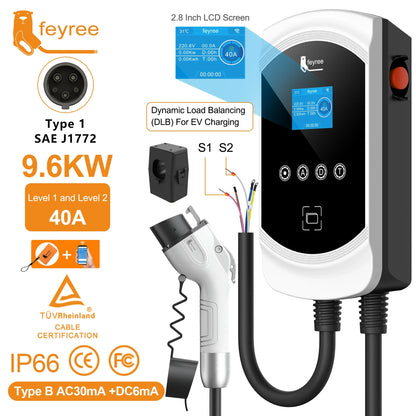 feyree DLB Function EV Charger Type1 EVSE Wallbox 32A 7.6KW 40A 9.6KW 50A 12KW 1P j1772 Adapter APP Control for Electric Vehicle by 54Grid - Renewable Energy Store