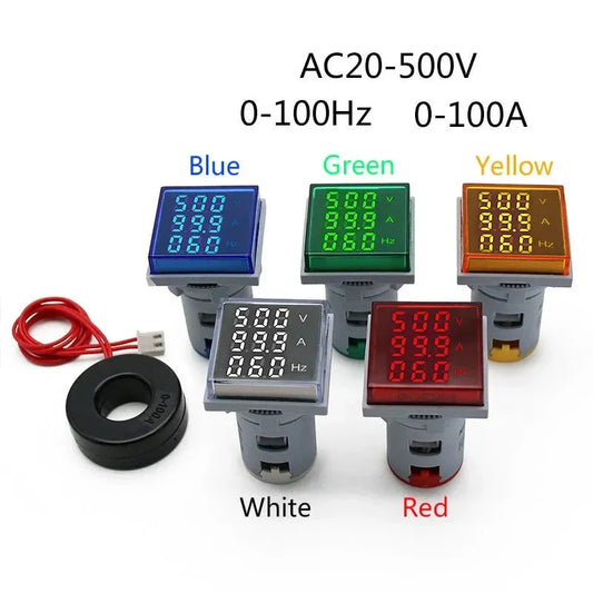 Square LED Digital Voltmeter Ammeter Hertz Meter AC20-500V Signal Lights Voltage Current Frequency Combo Meter Indicator Tester by 54Grid - Renewable Energy Store