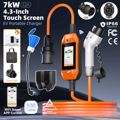 feyree Touch Screen Portable EV Charger Type2 / Type1 / GBT / TS-NACS Socket EV Charger 32A 7KW 1 Phase Smart APP Wi-Fi Control
