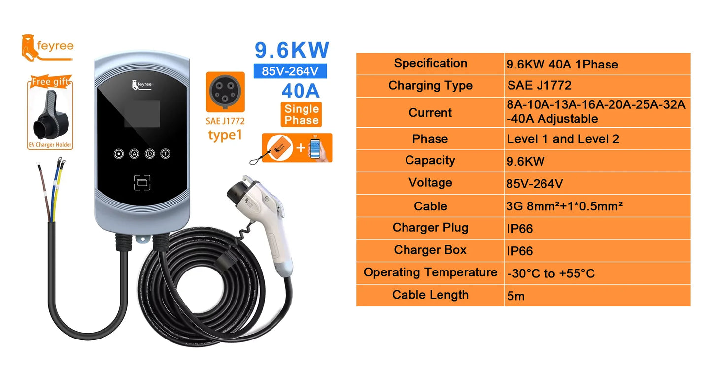 feyree EV Charger Type1 Cable j1772 Socket 32A 40A 50A Single Phase EVSE Wallbox Charging Station APP Control for Electric Car