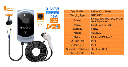 feyree EV Charger Type1 Cable j1772 Socket 32A 40A 50A Single Phase EVSE Wallbox Charging Station APP Control for Electric Car
