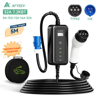 11KW 16A Portable Charger Type 2 Adjustable Current Reservation Time Charging Box CEE Plug IEC62196-2 Electric Vehicle Charger