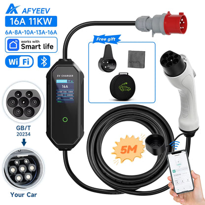 AFYEEV Type2 Portable EV Charger 11KW 16A 3P GBT Car Charger Wi-Fi APP Control EVSE Charging Box CEE Plug for Electric Vehicle