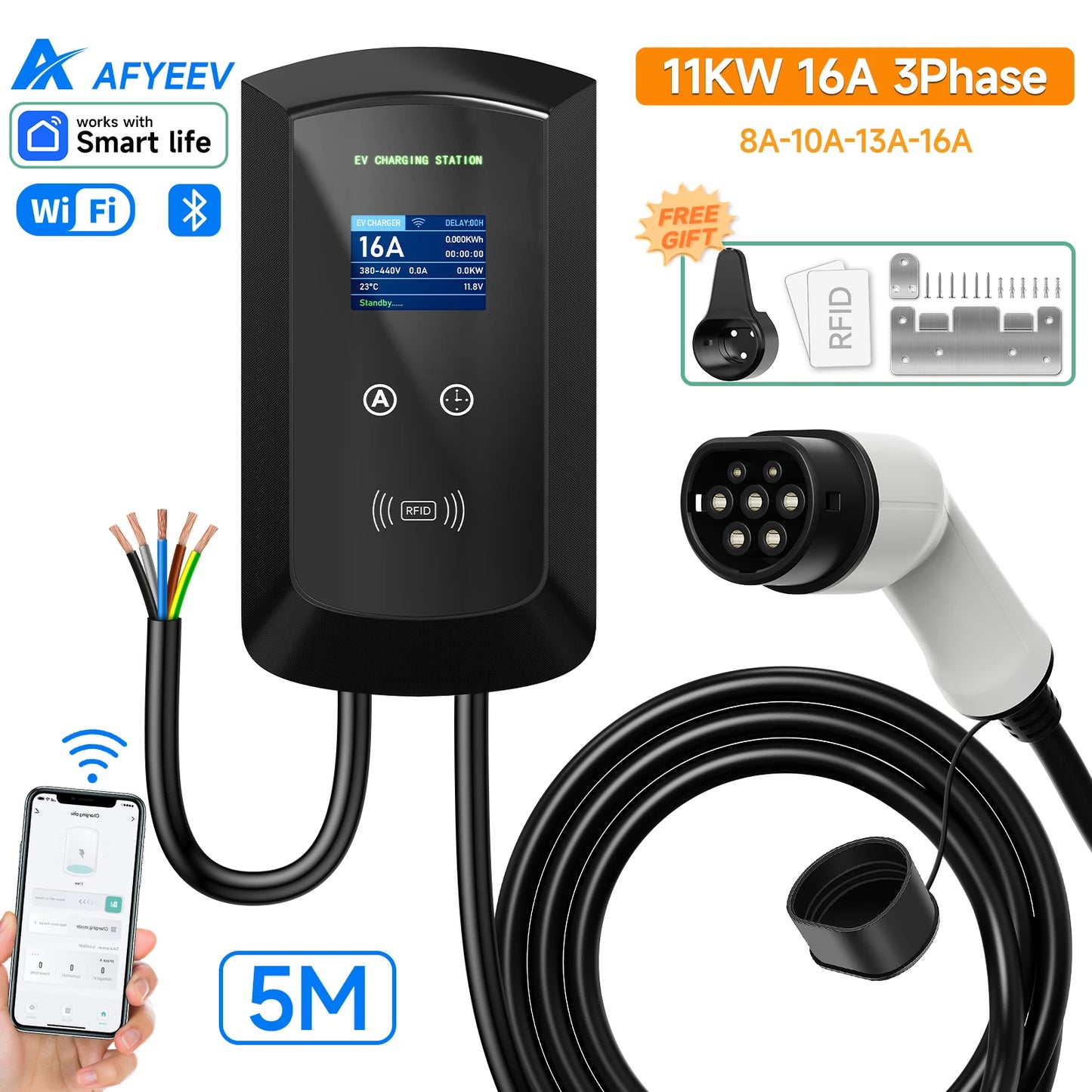 AFYEEV 32A EV Charging Station 22KW 3Phase Electric Vehicle Car Charger 11KW Type2 IEC62196-2 EVSE Wallbox APP Control 5m Cable