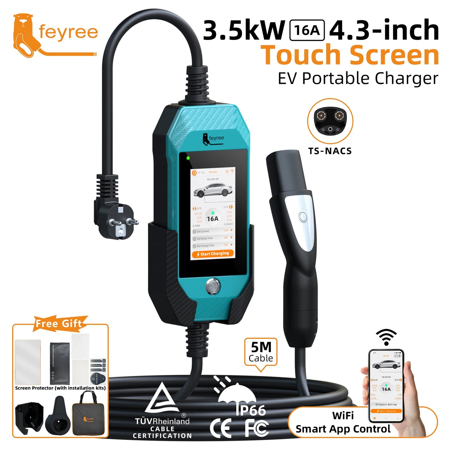 feyree Portable EV Charger For Tesla 3.5kW 16A 1Phase 4.3in Touchscreen With WiFi APP Control with Box Holder For EV Car Charger