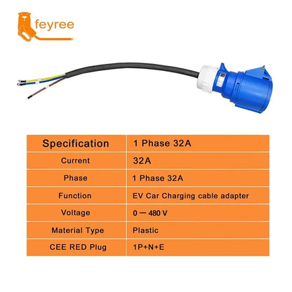 feyree EV Charger CEE Female Socket 3Pins to Schuko Plug Adapter Waterproof Connection WallMount Socket 32A 7KW Portable Charger