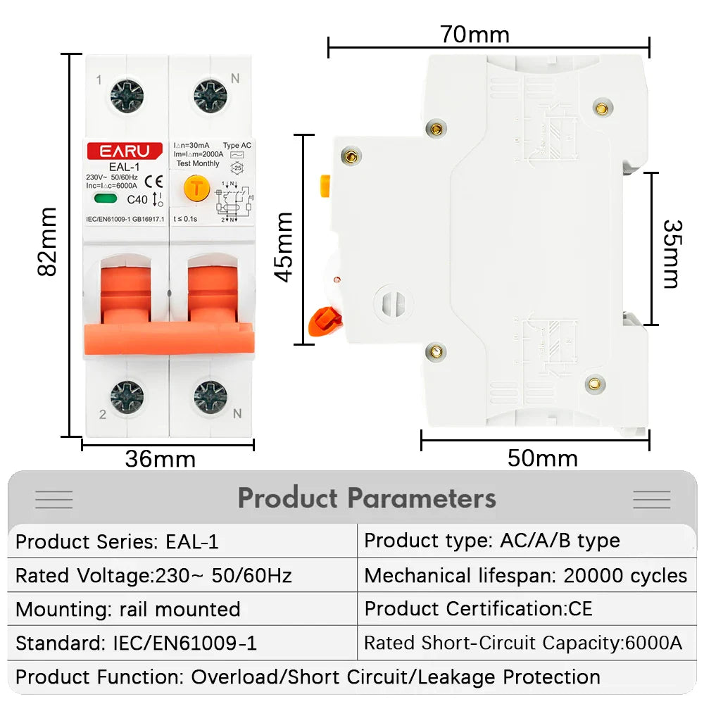 2P 30mA Type AC A B RCBO RCCB MCB Electronic Residual Current Circuit Breaker Over Short Current Leakage Protection EV Charger