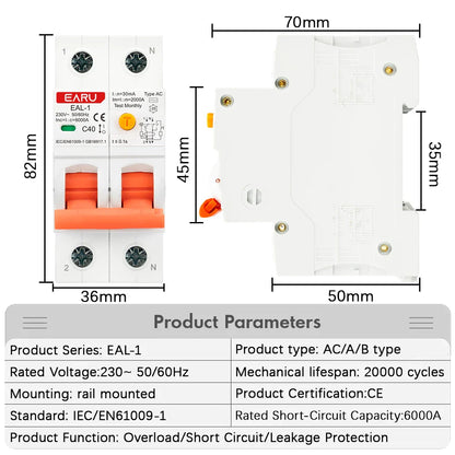 2P 30mA Type AC A B RCBO RCCB MCB Electronic Residual Current Circuit Breaker Over Short Current Leakage Protection EV Charger