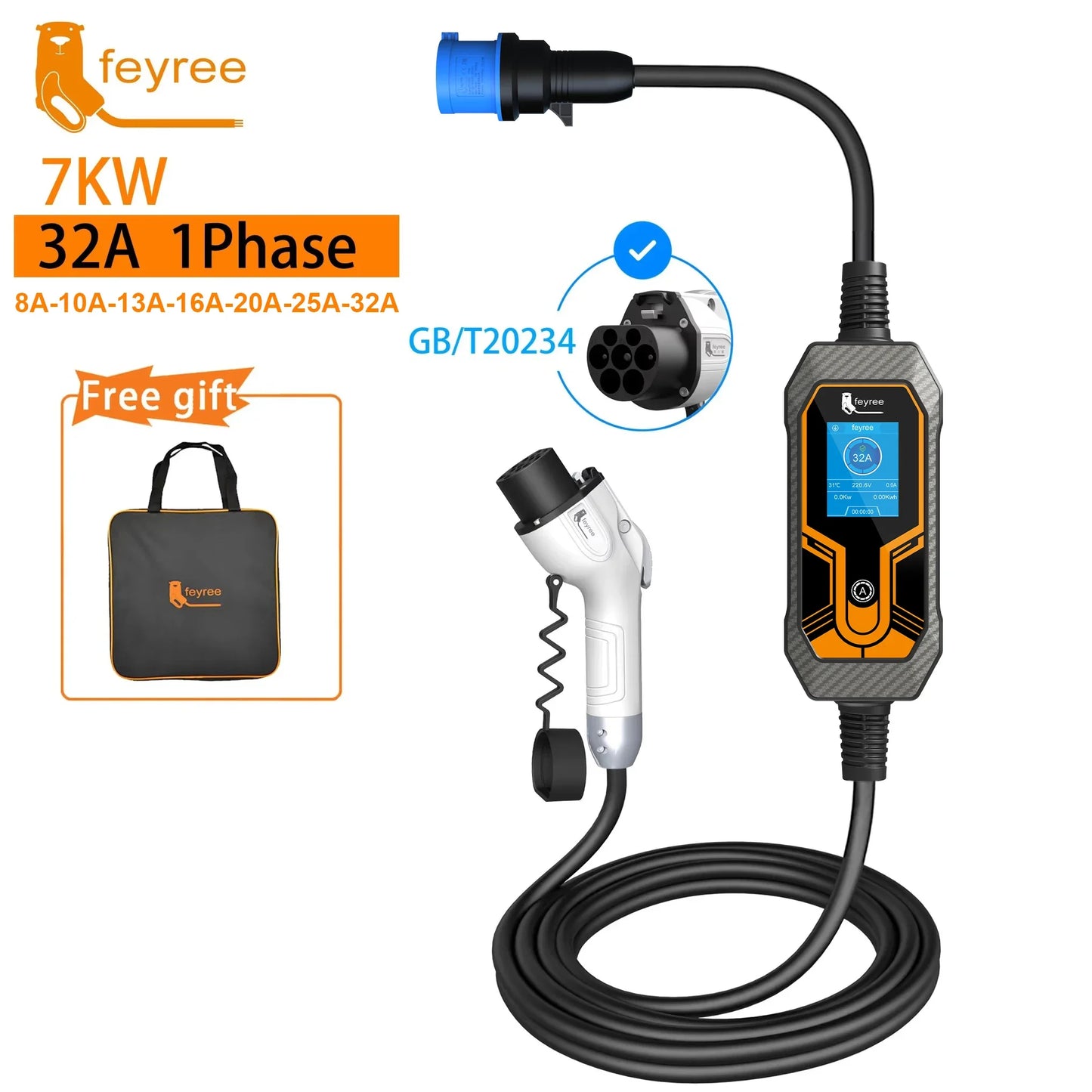 feyree GB/T Cord 7KW 32A 1Phase EV Charger 5m Charging Cable Portable Charging Box Current Adjustable for Electric Vehicle Car