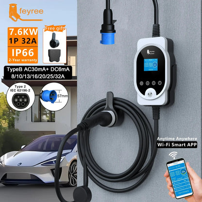 feyree Type2 7KW 32A 1P APP Wi-Fi Control Setting Current & Charging Time Type1 / GBT / TS-NACS Plug