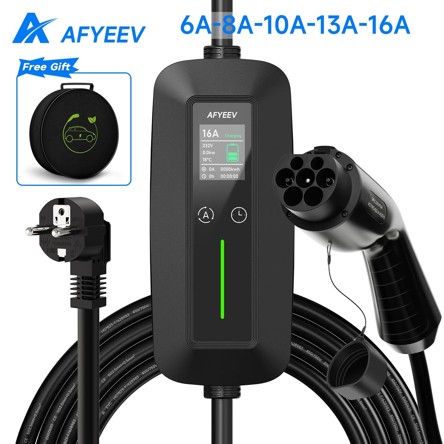 AFYEEV 16A Portable Type2 IEC62196-2 EV Charger 3600W Type1 SAE J1772 Electric Car Charger GB/T EVSE Charging Cable Wallbox