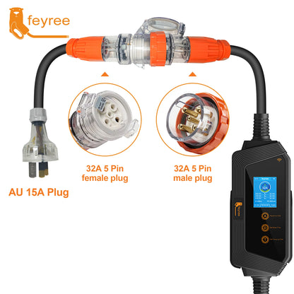 feyree 22KW 32A 3Phase Type2 EV Charger Wi-Fi APP Control EVSE Portable Charging Box with AU 5pin Plug for Electric Car Charger