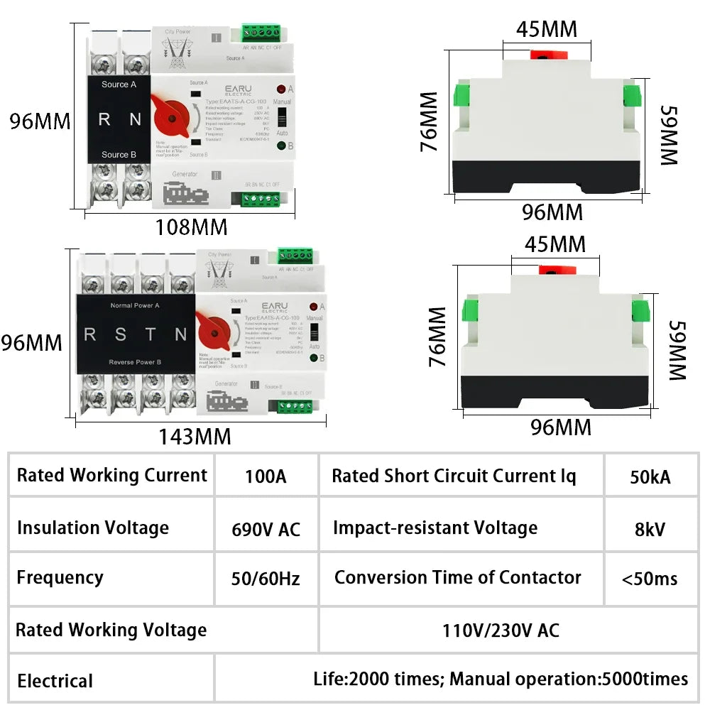Single Phase Din Rail ATS PV 2P 4P 100A AC 110V 220V Dual Power Automatic Transfer Electrical Selector Switches Uninterrupted by 54Grid - Renewable Energy Store
