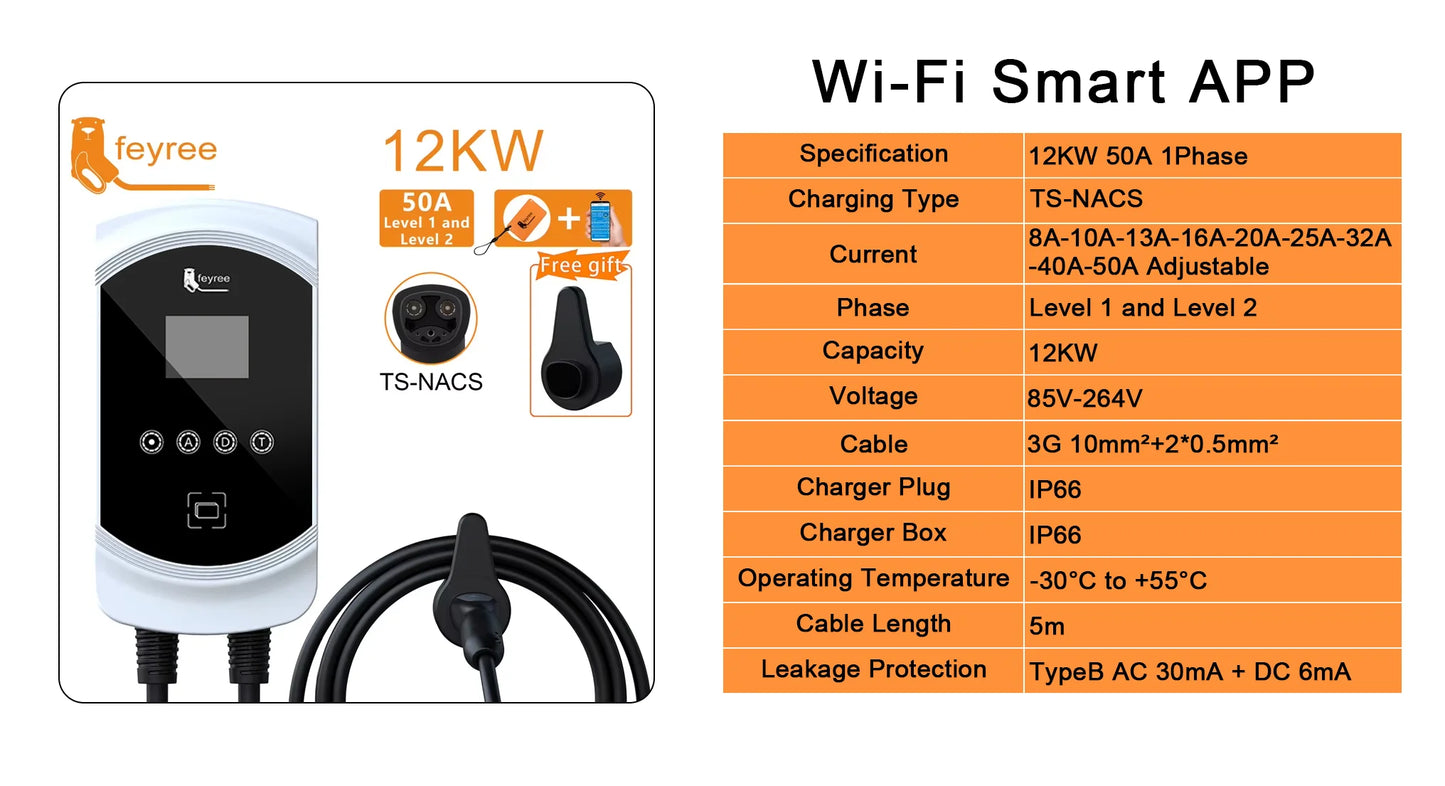 feyree EV Charging Station 32A 7.6KW Electric Vehicle Car Charger EVSE Wallbox 9.6KW 12KW 5m Cable TS-NACS Socket APP Control