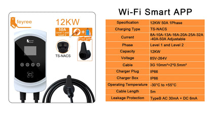 feyree EV Charging Station 32A 7.6KW Electric Vehicle Car Charger EVSE Wallbox 9.6KW 12KW 5m Cable TS-NACS Socket APP Control