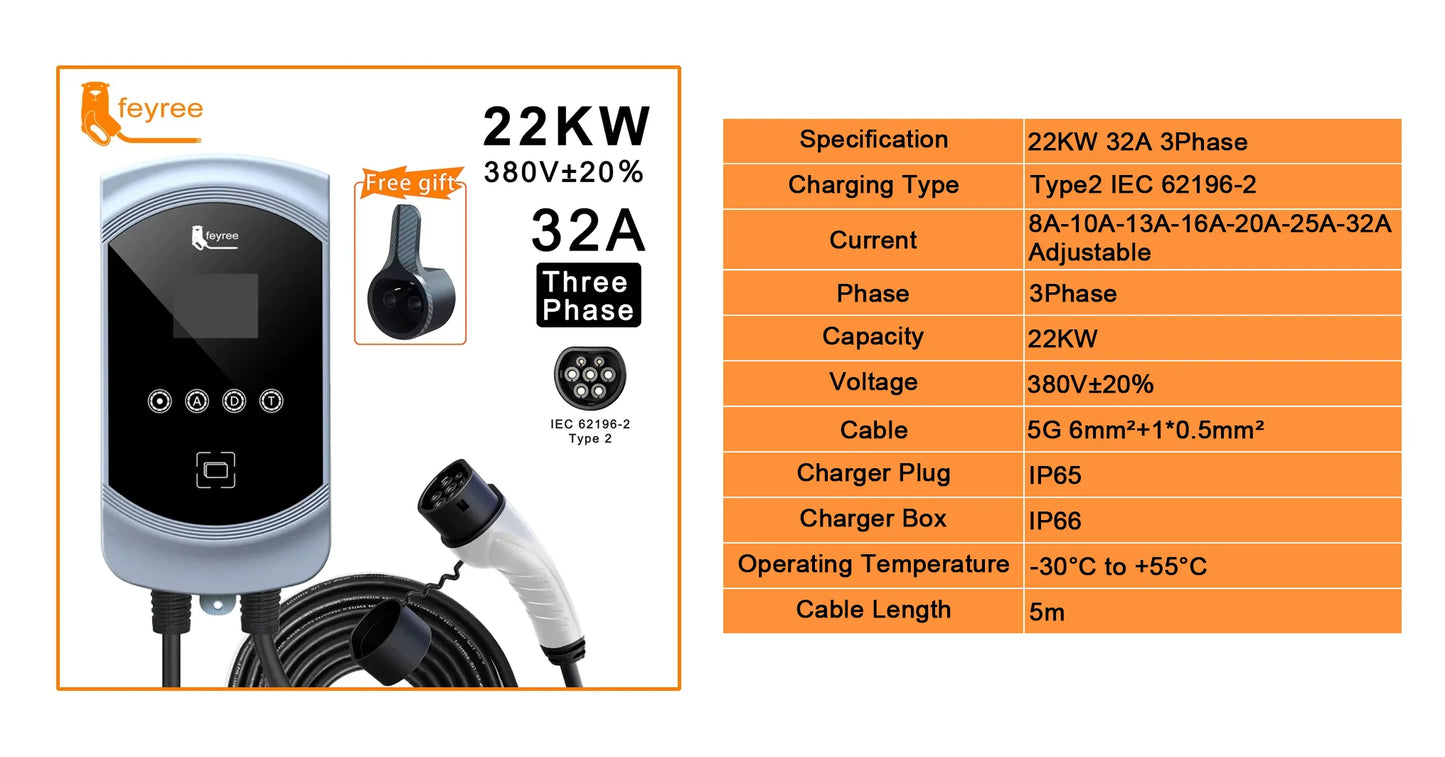 feyree Type2 EV Charger 32A 7.6KW 1Phase EVSE Wallbox 11KW 22KW 3 Phase Fast Charging Station 5m Cable for Electric Vehicle Car