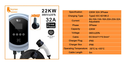 feyree Type2 EV Charger 32A 7.6KW 1Phase EVSE Wallbox 11KW 22KW 3 Phase Fast Charging Station 5m Cable for Electric Vehicle Car