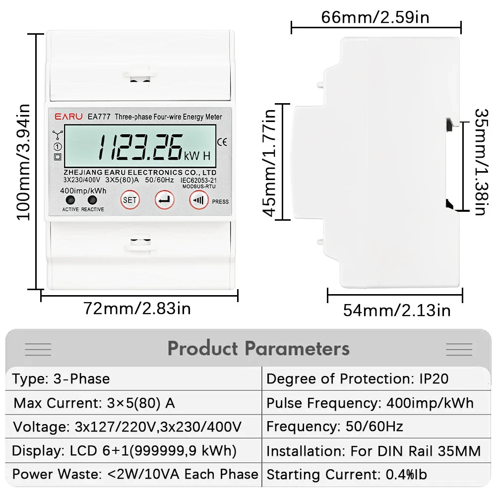 Three Phase LCD Energy Meter Backlight Bidirectional Electricity Meter kWh RS485 Remote Communication for Meter Reading AC 380V