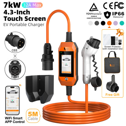 feyree 4.3'' TouchScreen Type1 Charging Plug Portable 7kW EV Charger Dual Temp Portection with Smart APP OTA Upgrade AC Charger