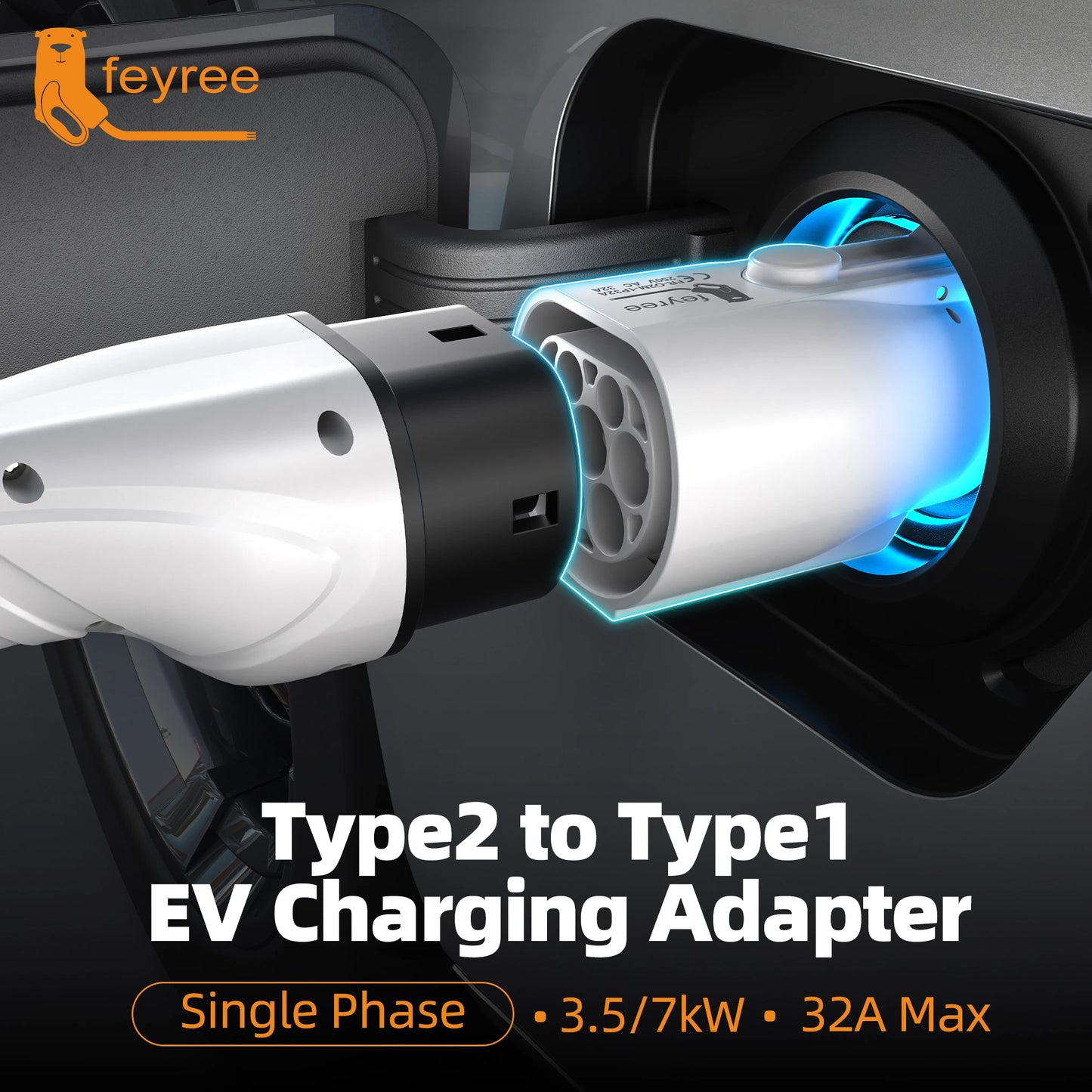 feyree EV Charger Adapter Type2 IEC62196-2 to Type1 Car Charging Socket AC Charger Adapter 32A 1Phase 3.5KW 7KW Max Electric Car