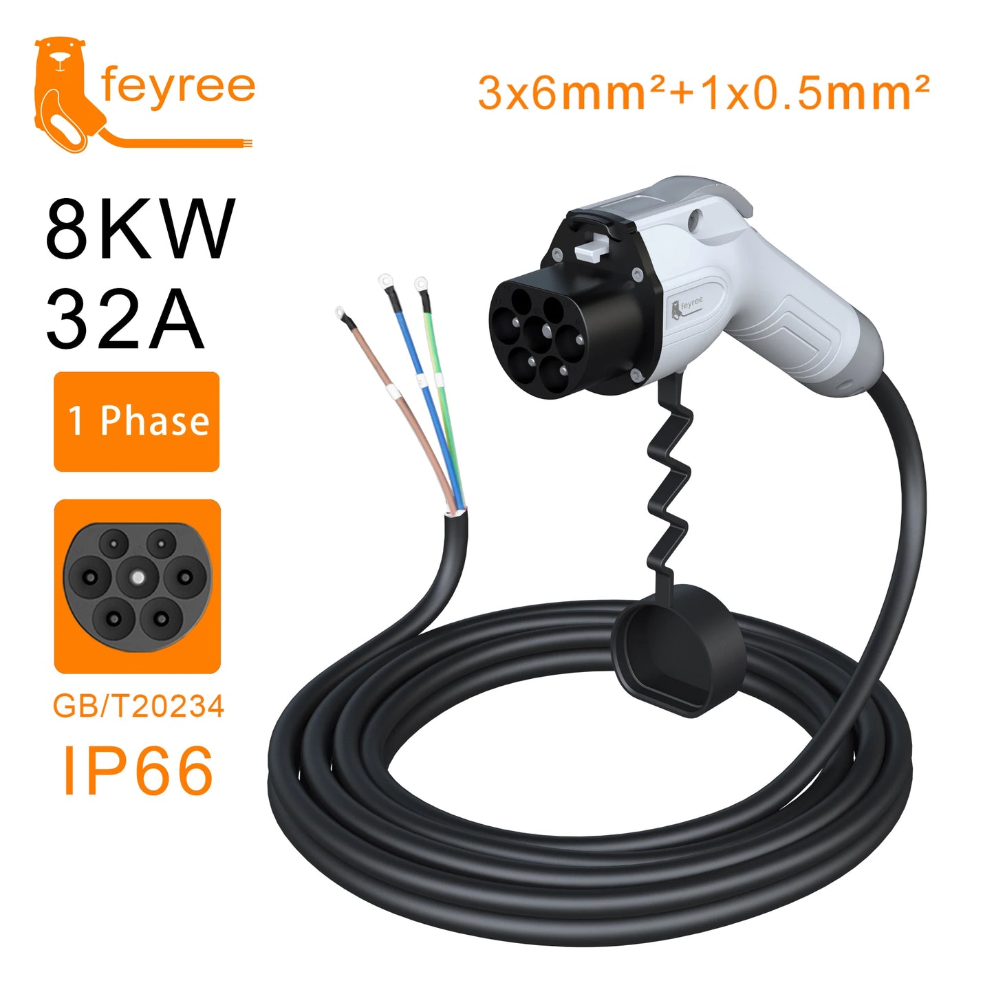 feyree GB/T Charger Plug EV Charger Cable 5m 32A 7KW 16A 3.5KW 1Phase 11KW 22KW 3 Phase for Car Charger Station Electric Vehicle