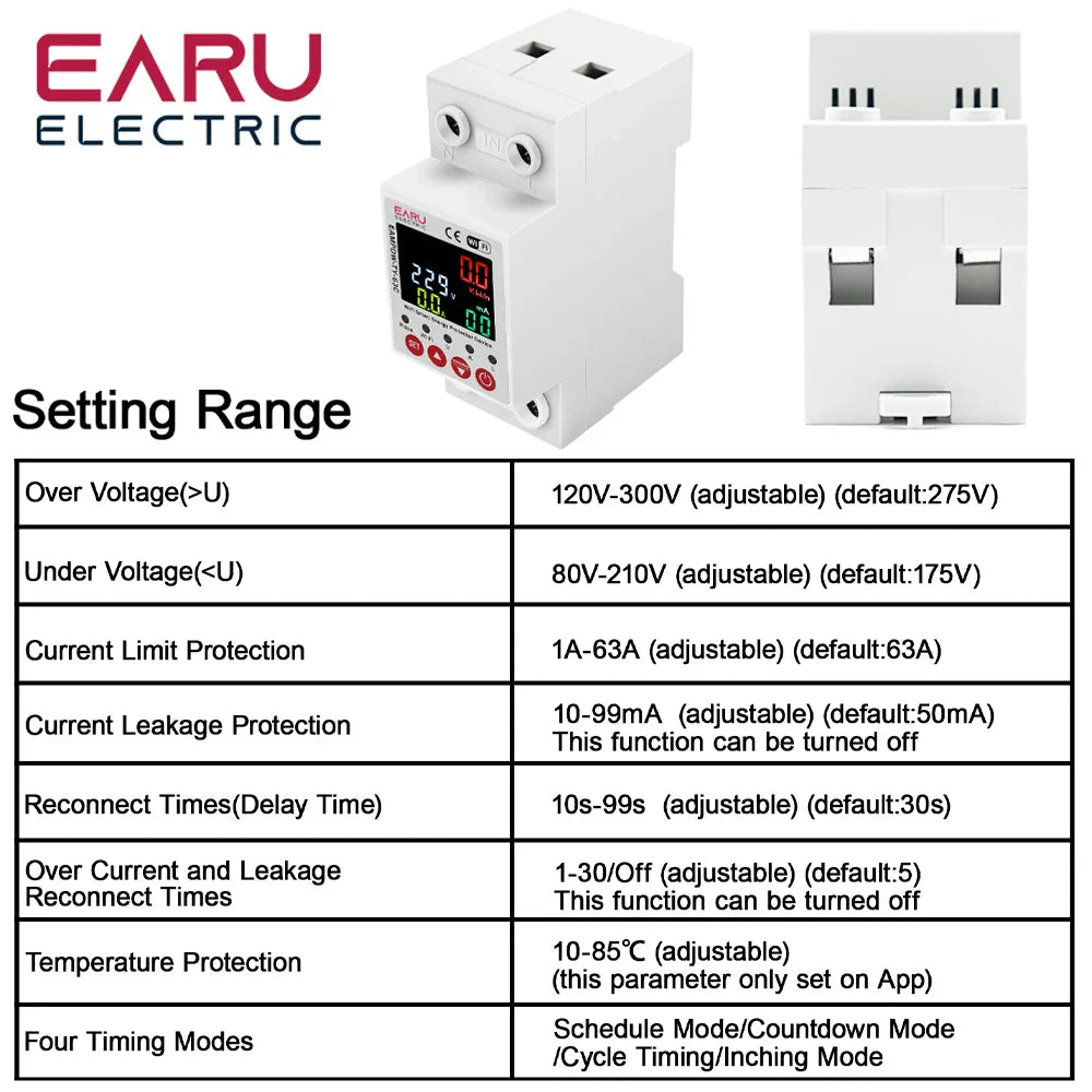 63A AC 230V Tuya WiFi Smart Energy Meter Power kWh Meter Earth Leakage Over Under Voltage Protector Relay Device Switch Breaker by 54Grid - Renewable Energy Store