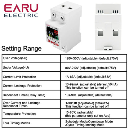 63A AC 230V Tuya WiFi Smart Energy Meter Power kWh Meter Earth Leakage Over Under Voltage Protector Relay Device Switch Breaker by 54Grid - Renewable Energy Store