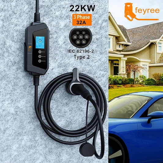 feyree 22KW 32A 3Phase EV Charger Type2 Portable EV Charger EVSE Charging Box 5m Cable with Socket IEC62196-2 for Electric Car