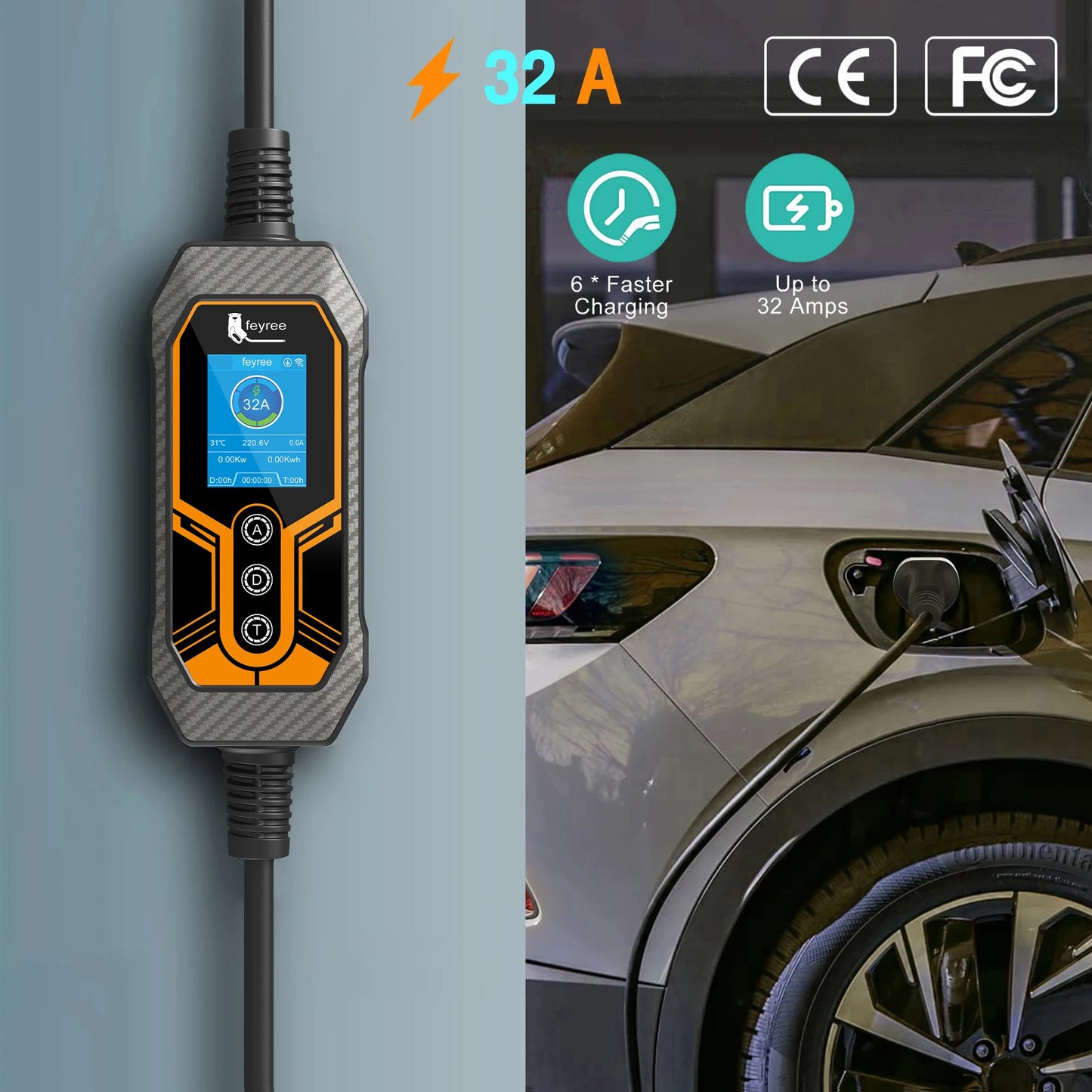 feyree Portable EV Charger Type2 32A 7KW Wi-Fi APP Control Current Adjustable Smart Timing Charging EVSE Wallbox Home&Outdoor