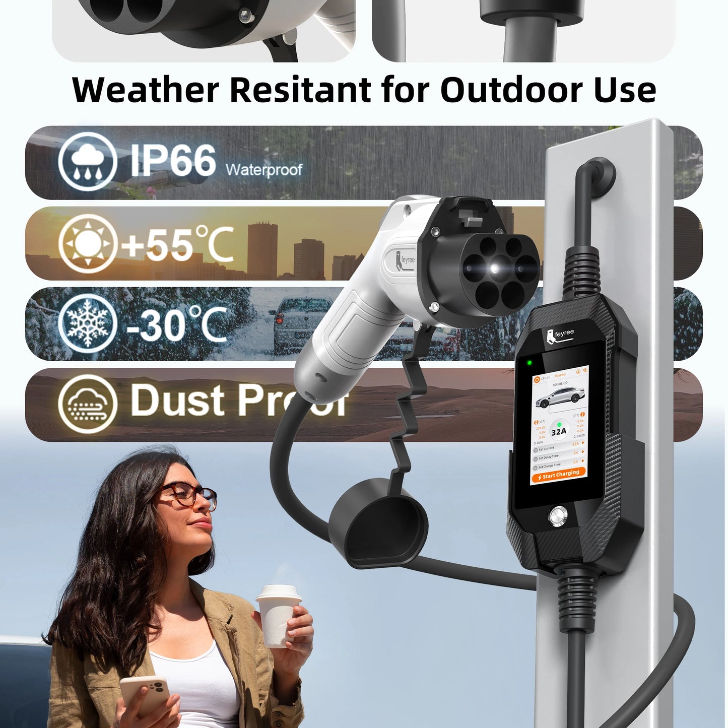 feyree GB/T EV Charger 7kW 32A 1P Touch Screen 4.3inch Smart WIFI APP Control EVSE Portable Charging Box forElectric Car Charger