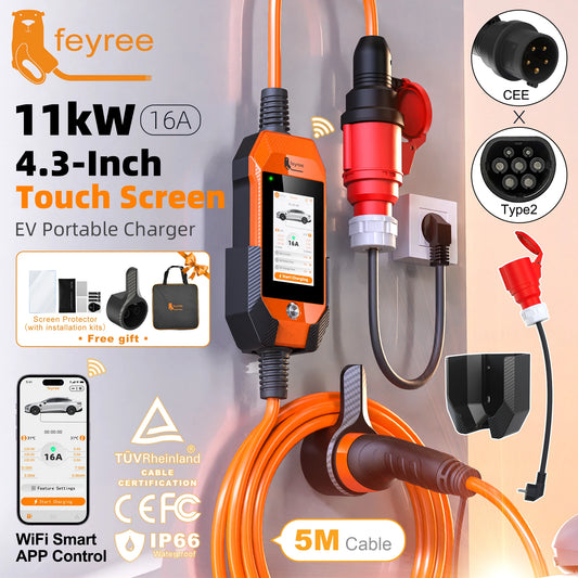 feyree Type2 11kW Portable 4.3''Touch Screen HomeUse EV Charger with DualTemp Protection & APP History Log for Electric Vehicles