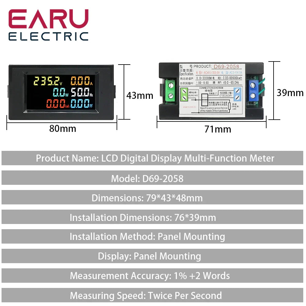 D69-2058 AC Power LCD Digital Voltage Current Power Voltmeter Ammeter KWH Panel Meter Electric Energy Consumption Monitors 100A by 54Grid - Renewable Energy Store