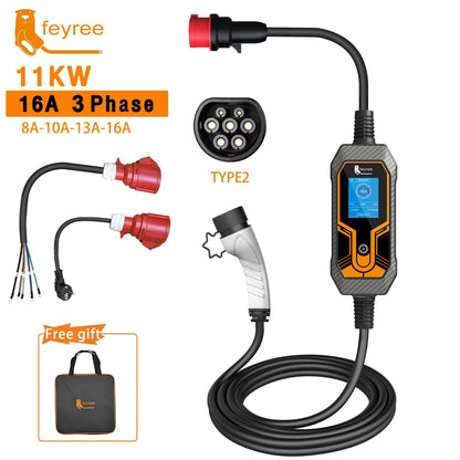 feyree EV Charger Portable Type2 11KW 16A 3 Phase EVSE Charging Box Current Adjustable CEE Male Plug for Electric Car Charger
