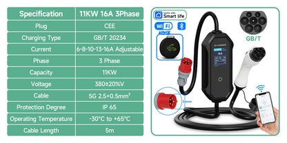 GB/T Portable EV Charger 3.6KW 7.2KW 11KW 22KW WiFi Bluetooth APP Control Adjustable Current IP65 Waterproof with 5m Cable and 2.8" LCD Display
