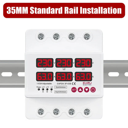 Three Phase Voltage Current Adjustable Over Under Voltage Current Limit Protection Relay Protector 63A 100A with Automatic Reset