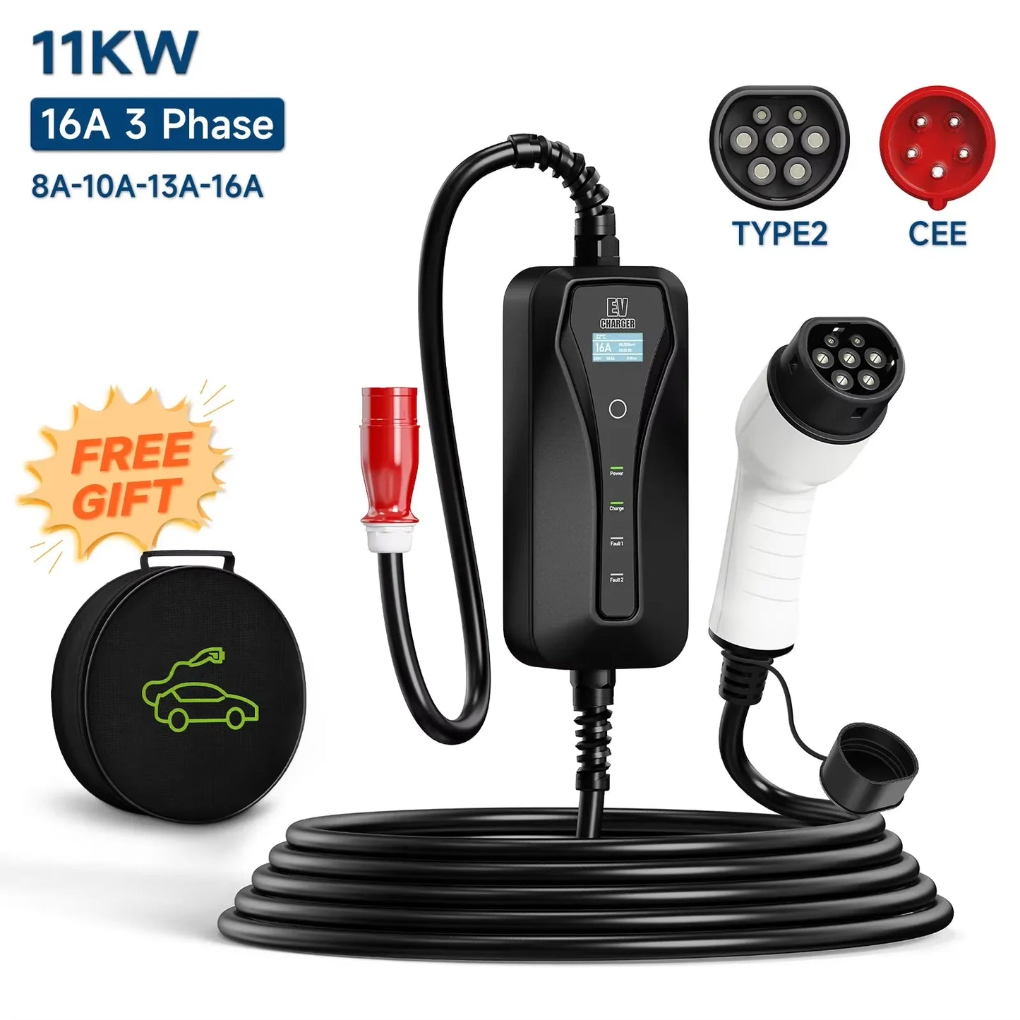 11KW 16A Portable Charger Type 2 Adjustable Current Reservation Time Charging Box CEE Plug IEC62196-2 Electric Vehicle Charger