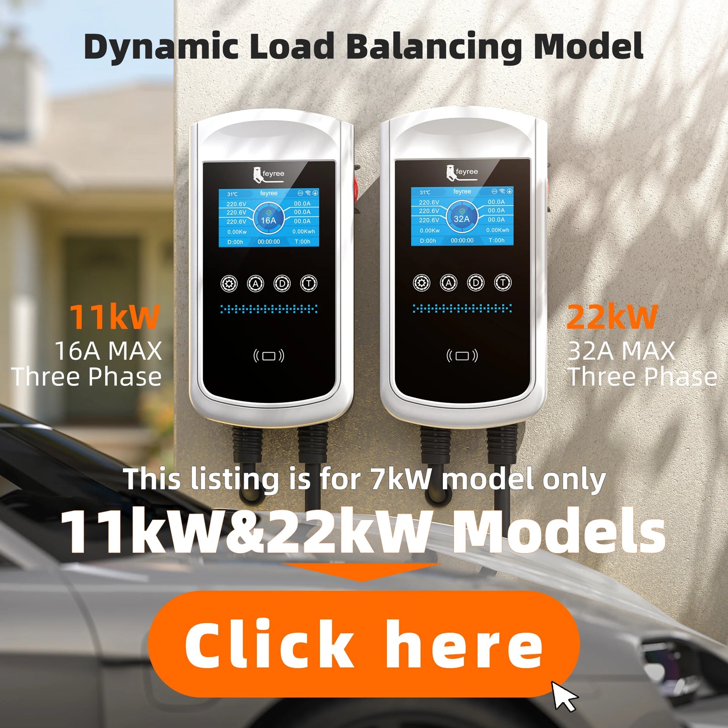 feyree Type2 EV Charger 4.3inch Screen 32A 7.6kW Dynamic Load Balancing 11kW 22kW 3Phase EVSE Wallbox APP with Charge History