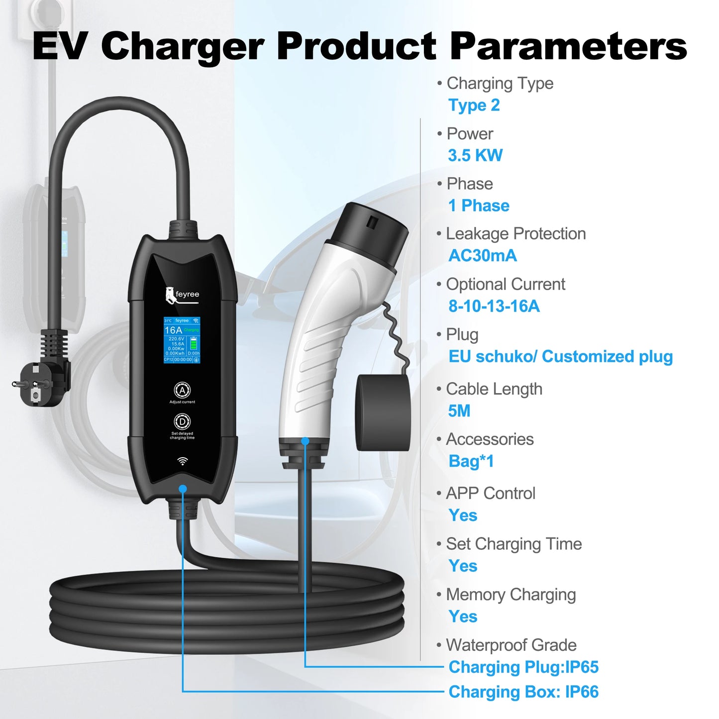feyree Type2 Portable EV Charger 5m Cable with WIFI APP Control 16A 3.5KW Set Charging&DelayTime for EV Cars,Plug customizable